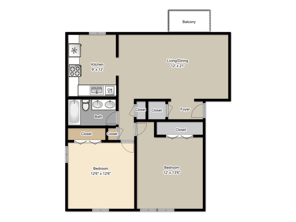 Floor plan for 2 beds, 2.5 baths, 1250 sqft